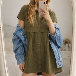 Free People Olive Green Babydoll Button Front Mini Dress Tunic XS